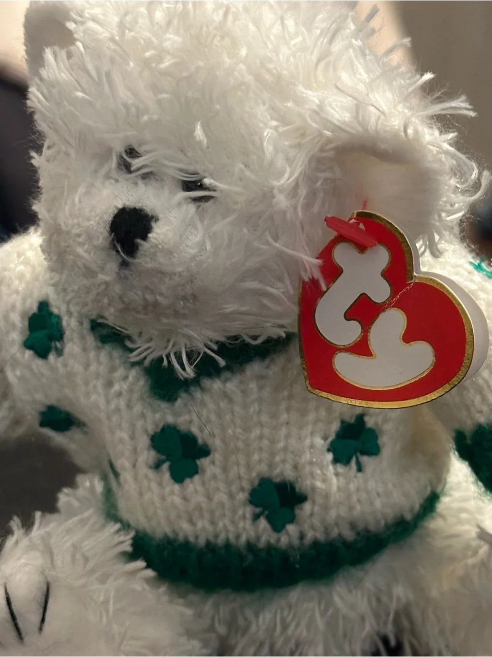 Ty Flannigan Plush Bear with Shamrock Shirt comes with Shamrock Softy Cloth